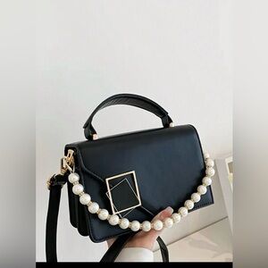 Black Pearl-Accent Top Handle Satchel
